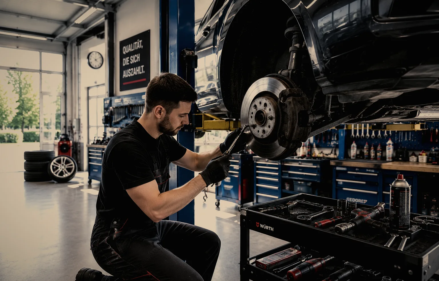 Mechaniker wechselt eine Bremsscheibe an einem Fahrzeug auf der Hebebühne