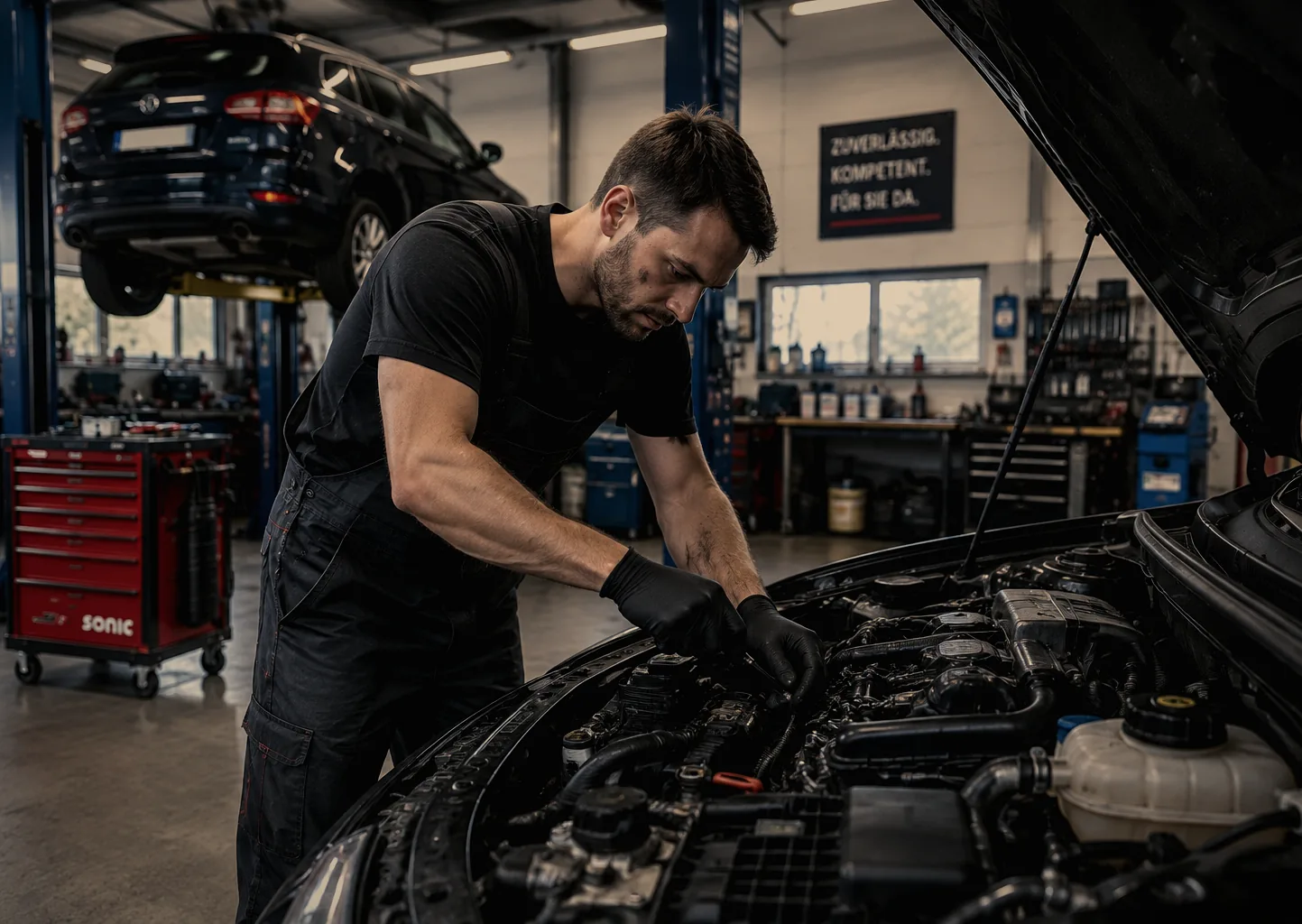 Mechaniker prüft Bauteile im geöffneten Motorraum eines Fahrzeugs